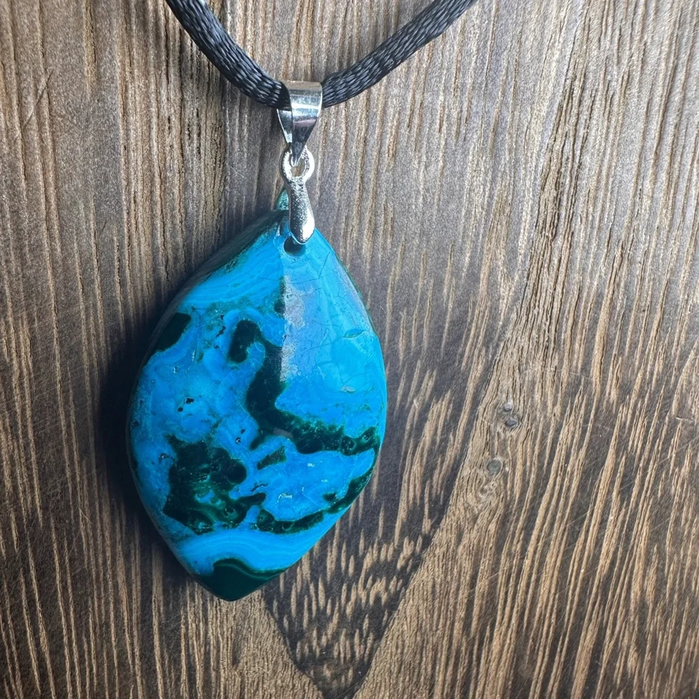 Chrysocolla Teardrop Pendant Necklace on Black Rope - Picture 5 of 14